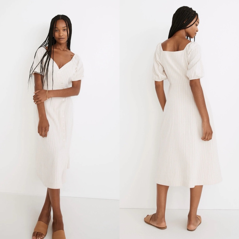 Puff-Sleeve Button-Wrap Midi Dress in Undyed Stripe